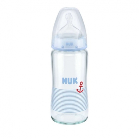 Nuk First Choice Plus (10.745.068) Μπιμπερό Γυάλινο 0-6 Μηνών με Θηλή Σιλικόνης Μ Μεγέθους 1 Μπλε, 240ml