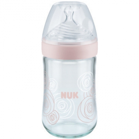 Nuk Nature Sense Γυάλινο Μπιμπερό με Θηλή Σιλικόνης Μεγεθος Μ (6 μικροσκοπικές οπές για φόρμουλα γάλακτος), 0-6m, 240ml